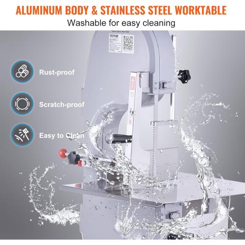 Commercial Electric Meat Bandsaw, 1500W Stainless Steel Countertop Bone Sawing Machine, Workbeach 19.3 x 15, 0.16-7.9 Inch Cutting Thickness, Frozen Meat Cutter with 6 Blades for Rib Pork Beef
