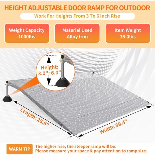 Size 25.6L*39.4 W,  YEEZOO Door Threshold ramp with Adjustable Height for 3.0“ to 6.0 Height Rise, Doorway ramp Threshold for wheelchairs/carts/Walker/Scooter (25.6L*39.4 W, Alloy Iron, 38LBs)