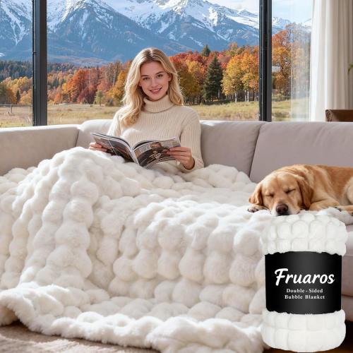 Luxury Double-Sided 3D Bubble Faux Fur Throw Blanket – Ultra Plush & Fluffy Cream White Cozy Blanket for Couch, Sofa & Bed | Soft Gift for Women, Birthday, Housewarming, ‼️used lightly‼️