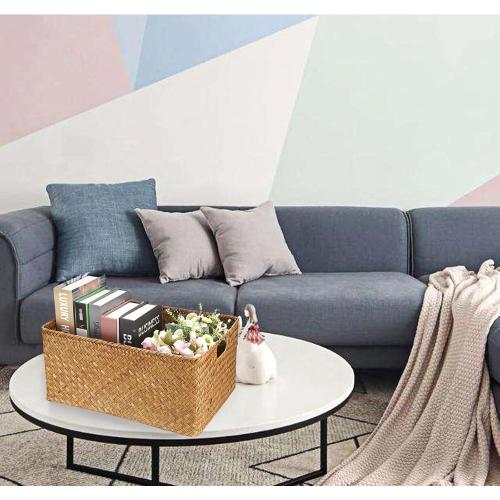 Hipiwe Seagrass Storage Baskets Bin for Shelf,  Handwoven Wicker Baskets Built-in Handles Rectangular Closet Bedroom Organizer Box Multipurpose Pantry Basket,Caramel Color