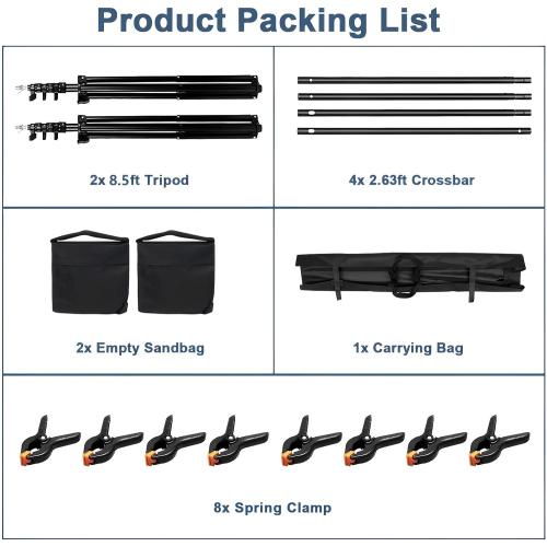 Photo Backdrop Stand, LCUIRC 10x8.5ft (WxH) Photo Background Banner Stand with 4 Crossbars, 8 Spring Clamps, 2 Sandbags, and Carrying Bag for Parties Events Decoration Advertising Display