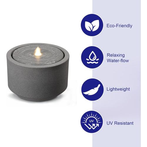 GREY 10.23” H Outdoor Water Fountain Made with Eco-Friendly Recyclable Materials, Polyethylene Round Bubbler Outdoor Fountain, Garden Decor with LED Light for Patio, Porch, Backyard