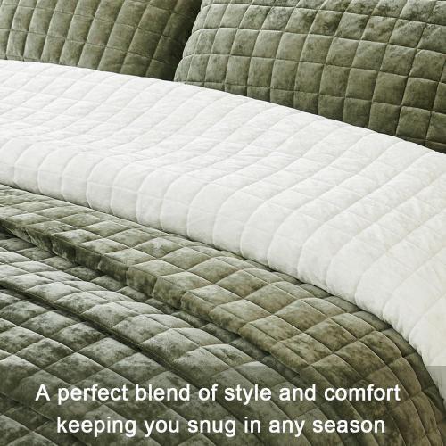 Luxurious Velvet Quilt King Size Set 98 x106 Ultra Soft Bedding Set Quilted Bedspread Coverlet with 2 Matching Pillow Shams for All Seasons,Army Green