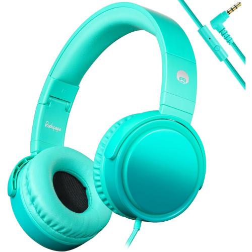rockpapa Grade Wired Headphones with Microphone, Lightweight Foldable Stereo Bass Headphones with No-Tangle Cord & 3.5mm Jack for Adult/Kids, Laptop Tablet Airplane Chromebooks Teal