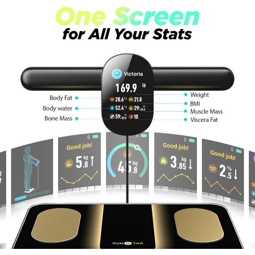 Black 13x13 RunStar Smart Scale FSA&HSA Eligible, 8 Electrodes Digital Bathroom Scale for Body Weight and Fat, BMI, Muscle Mass 28 Body Composition Measurement, with Full-Color TFT LCD on Retractable Handle