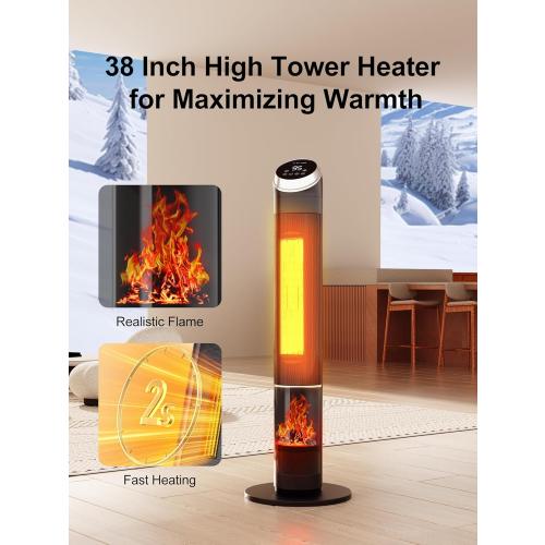 38 Electric Space Heater With Flame, 24H Timer, Remote, Thermostat, 3 Modes, Tip-Over and Overheat Protection for Indoor, Bedroom, Office, Large Room Use