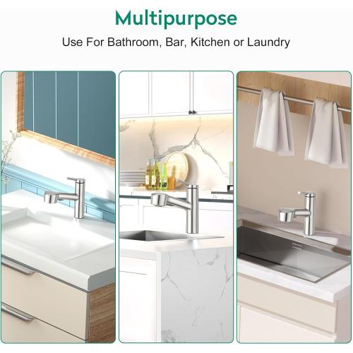 Silver CREA Pull Out Bathroom Faucet Single Hole 1 Handle Utility Sink Faucet with Sprayer Handheld Laundry Room Bath Tub Faucet for Kids Pet Vanity Face Basin Mixer Tap Brushed Nickel Stianless Steel