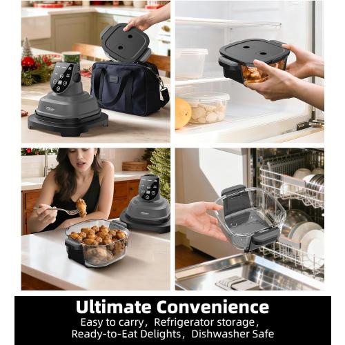 5-in-1 Portable Glass Air Fryer, 4QT & 6-Cup Glass Containers with Lids, Silicone Mat, 1500W Small Air Fryer, 90% Less Oil, Dishwasher/Freezer Safe for Single Servings, Family Meals