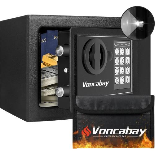 Voncabay Money Safe Box for Home with Sensor Light & Fireproof Money Bag - 0.23 Cubic Feet Security Safe Box with Digital Keypad, Keys & Pass Code Lock Black