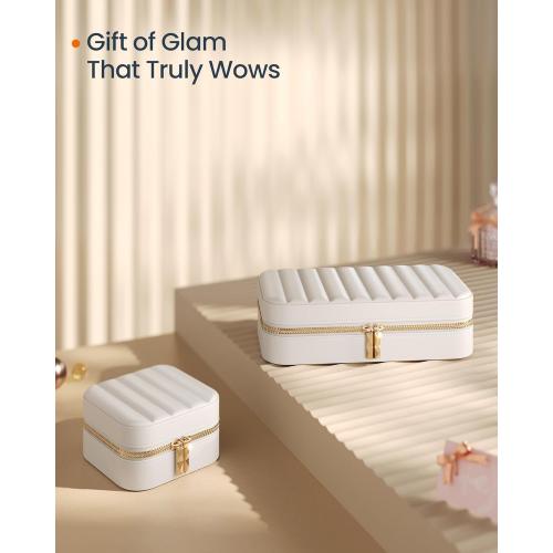 SONGMICS HOME Travel Jewelry Case, Travel Jewelry Box Organizer with Mirror, 4.1 x 8 x 2.4 Inches, Stitching, Portable, Christmas Gift, Cloud White UJBC180W01