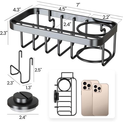 TAILI Sponge Holder with Strong Suction Cup, 4-in-1 Rustproof Sink Organizer - Sink Caddy Holds Sponges, Brushes, Stoppers & Scrapers - Black