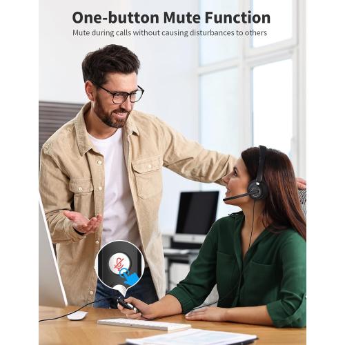 BLACK USB Headset with Microphone for PC, Wired Headphones with Noise Cancelling Mic, Computer Headset with in-line Controls, 3.5mm & USB Plug for Zoom, Skype, Call Center, Office Use, Black