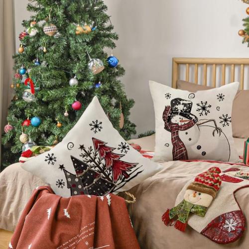 RABUSOFA Christmas Pillow Covers 18x18 Inch Set of 4 with 8 Design Double-Sided, Let It Snow Snowman Joy Stripes Gift Box Red Xmas Tree Winter Holiday Throw Cushion Case Decorations for Sofa Couch