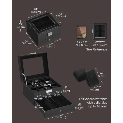 SONGMICS Watch Box, 8-Slot Watch Case Organizer with Large Glass Lid, 2 Layers, Removable Pillows, Metal Lock, Gift for Loved Ones, Black Synthetic Leather, Christmas Gift, Black Lining UJWB080B01