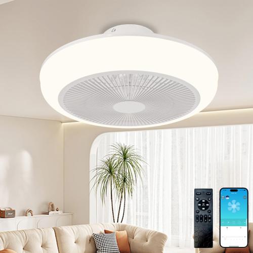 Bladeless Ceiling Fan with Light and Remote Fandelier Caged Low Profile Smart Ceiling Fan Light with Nightlight 2700K-6500K, Flush Mount Fan Light with Remote/APP Control
