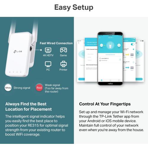 TP-Link AC1200 WiFi Extender, 2025 Wirecutter Best WiFi Extender, 1.2Gbps Home Signal Booster, Dual Band 5GHz/2.4GHz, Up to 1600 Sq.ft and 32 Devices, EasyMesh Compatible, One Ethernet Port (RE315)
