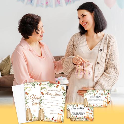 Woodland Baby Shower Invitations Kit with Envelopes, 25 Set Baby Shower Invites & 25 Diaper Raffle Tickets & 25 Baby Shower Book Request Cards, Baby Shower Celebration Supplies & Favors -06