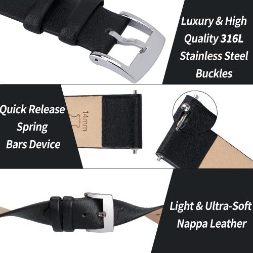 Color Black Leather Watch Bands Quick Release Watch Straps, Elegant & Ultra-Soft Top Grain Leather Watch Band for Women Men, Choice of Color & Width - 12mm 14mm 16mm 18mm 20mm 22mm for Watch & Smartwatch