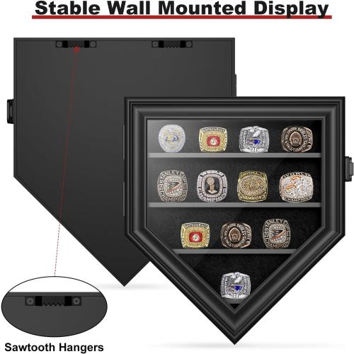 Championship Ring Display Case, 12 Posts Baseball Ring Holder, Lockable Wall Mount Wooden Shadow Box for Multiple Championship Rings