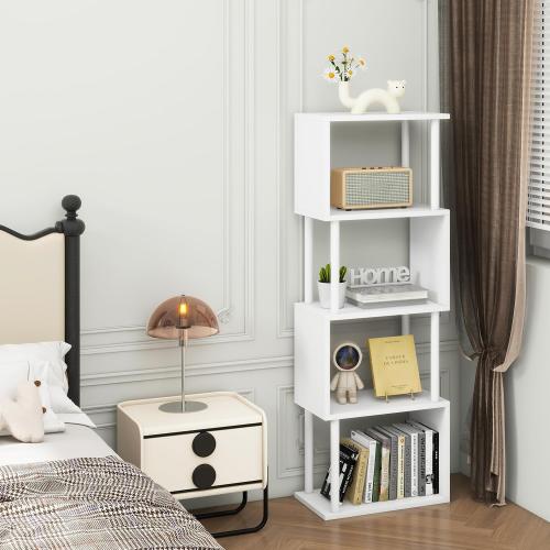 IBUYKE 5-Tier Tall Bookshelf,S-Shaped Geometric Bookcase, Wood Display Shelves with Storage,Modern Bookshelf for Living Room Bedroom, Home Office, White WBC015W