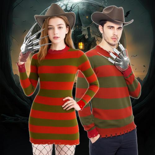 Unisex Halloween Costume for Women Adult Scary Killer Knitted Striped Dress with Brown Hat Glove and Mesh Stockings Cosplay
