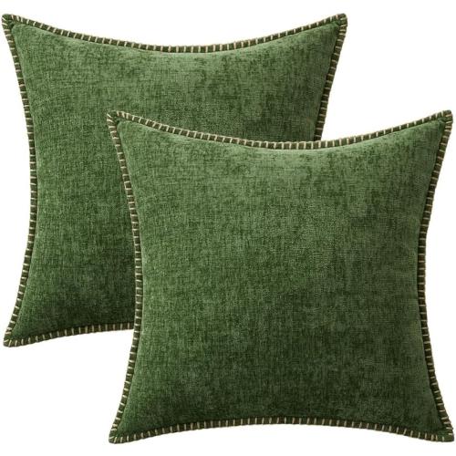 MIULEE Pack of 2 Couch Pllow Covers 18x18 Inch Moss Green Farmhouse Decorative Throw Pillow Covers with Stitched Edge Soft Chenille Solid Dyed Pillow Covers for Sofa Bed Living Room