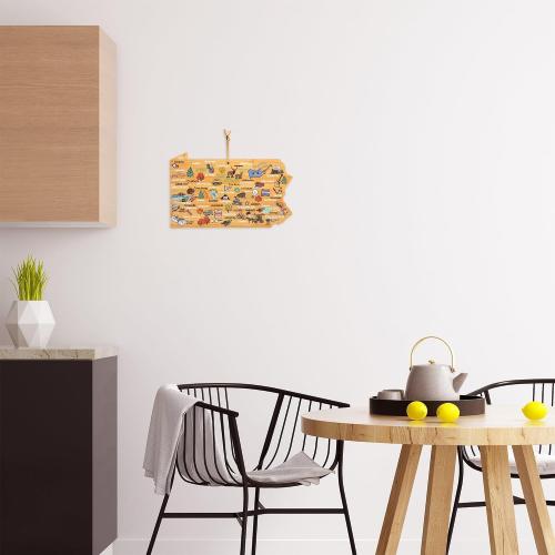 Totally Bamboo Pennsylvania State Shaped Cutting Board and Charcuterie Serving Platter with Artwork by Fish Kiss, Includes Hang Tie for Wall Display