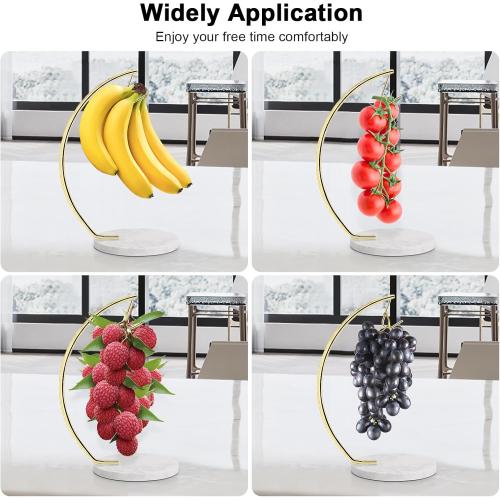 Livabber Banana Holder with Marble Base, Metal Banana Hanger Modern Tree Stand with Hook, Stylish Banana Keeper Fresh Fruit Storage Organizer Freestanding for Kitchen Countertop (Gold, Single Hook)