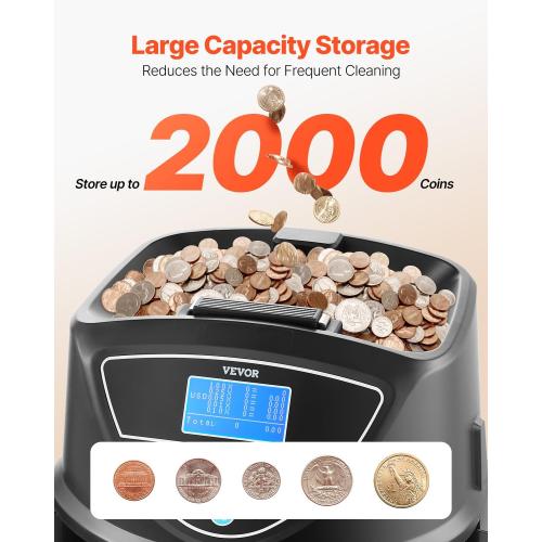 VEVOR Upgraded Coin Counter & Sorter, Coin Sorter and Wrapper Machine with Intuitive Display, Change Counter for USD Coins 1￠ 5￠ 10￠ 25￠ $1, Sorts up to 300 Coins/Min, with 5 Coin Tubes and 5 Trays