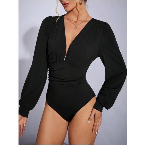 Small SweatyRocks Women's Deep V Neck Long Sleeve Bodysuit Tops Ruched Pleated Leotard Shirts capella