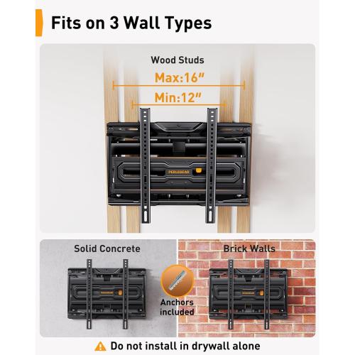 Perlegear Full Motion TV Mount for 32-69 Inch TVs up to 99 lbs, Max VESA 400x400mm, Fits 16”/12” Wood Studs, Height Adjustable Pre-Assembled TV Wall Mount, Tool-Free Tilt, Swivel & Extension, PGMF21.