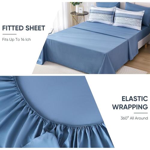 Drucon 7 Piece Striped Comforter Set King Size Light Blue Bed in a Bag, Soft Microfiber Complete Bedding Set with Sheets for All Season