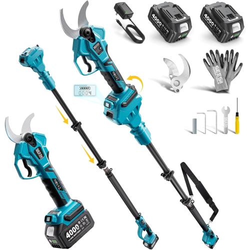 SEESII 2-in-1 Pole Pruning Shears: 1.6 Cutting Diameter Cordless Electric Pole Pruners - Brushless Motor, Dual 4.0Ah Batteries, Extra SK5 Blade, 4 Modes Adjustable Branches Cutter for Tree & Flower