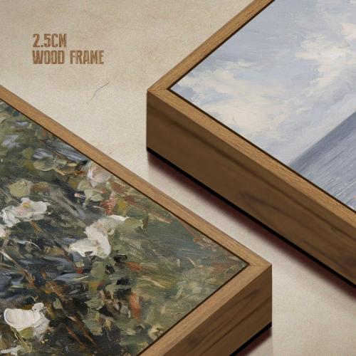 Framed Landscape Wall Art Blue Ocean Theme White Flower Pictures Wall Decor Abstract Floral Painting Prints Modern Seascape Artwork for Living Room Bedroom Bathroom Home Office Decoration