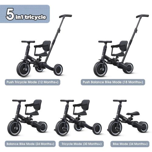 newyoo Toddler Bike, Tricycle w Push Handle for 1-3 Year Old, Birthday Gifts and Toys for Boy's and Girl's Birthday, Convertible 5 in 1 Baby Balance Bike, Kids Outdoor Riding Toys, Black, TR007