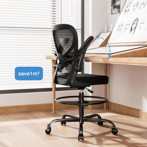 Alolo Drafting Chair,Big and Tall Office Chair with Footrest Ring,Ergonomic Chair for Counter Height and Standing Desk Comfy with Lumbar Support and Flip-up Armrests in Heavy Rolling Base,Black