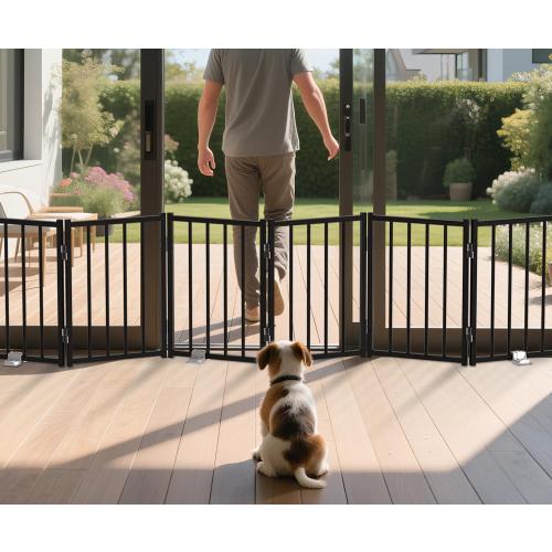 Metal Short Dog Gate, 16.5 High to Step-Over, Free Standing Foldable Pet Gate, Up to 72 Wide Puppy Fence for Stairs and Doorways, Indoor & Outdoor Use, No Drilling and No Assembly, Black