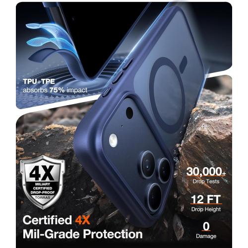 TORRAS Stronger Magnetic & Shockproof for iPhone 17 Pro Max Case, Fit for MagSafe, Military Grade Drop Protection, Camera Control, DIY Button, Slim for iPhone 17 Pro Max Case Translucent Deep Blue