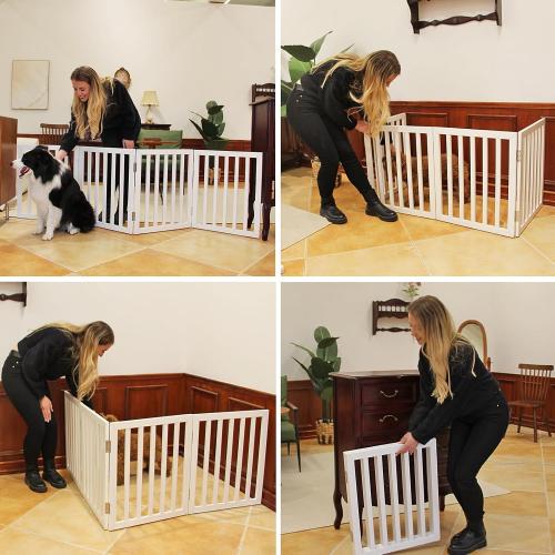 ZJSF Freestanding Indoor Dog Gate for House Foldable Wood White Puppy Gate for Doorways Pet Gate for Stairs Extra Wide Pet Fence 24 Height 3 Panels