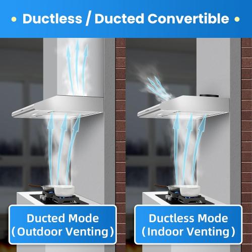 24 inch Range Hood Under Cabinet, Stainless Steel Range Hood 280CFM, Slim Kitchen Stove Hood w/Push Button, Ducted/Ductless Convertible, 3 Speeds Exhaust Fan, LED Light and Carbon Filter