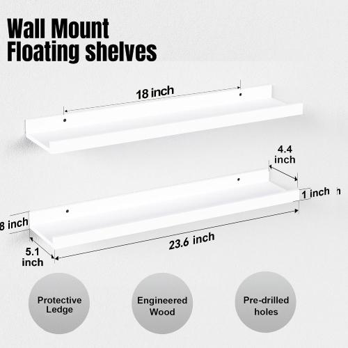23.6 Inches Long Floating Shelves, 2 Set Modern White Wall Shelf for Bedroom, Nursery Book Shelf with Lip, Picture Ledge Shelf for Living Room, Bathroom, Kitchen