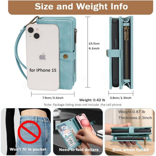 TwoHead Wallet Case Compatible with iPhone 15,Detachable Magnetic Phone Case,All-Round Protective Leather Phone Case with Card Holder,6.1 in,Blue