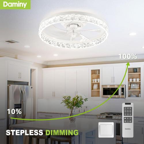 DAMINY 20inch White Ceiling Fans with Lights and Remote, 6CCT, Dimmable Smart Low Profile Ceiling Fan with Light, 6 Speeds Flush Mount Modern Bladeless Ceiling Fan for Bedroom