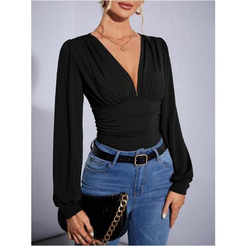Small SweatyRocks Women's Deep V Neck Long Sleeve Bodysuit Tops Ruched Pleated Leotard Shirts capella