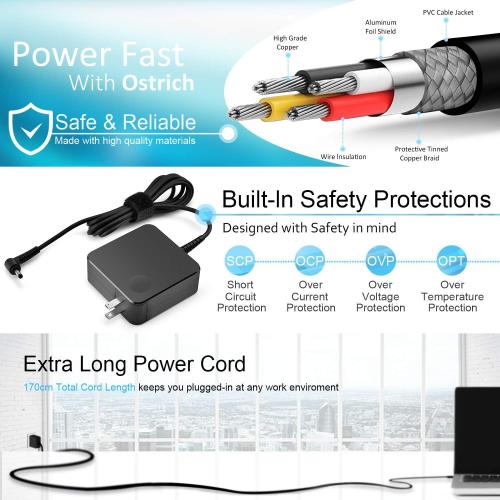 Charger Compatible with Lenovo Laptop Computer 65W 45W Round Tip Power Supply AC Adapter