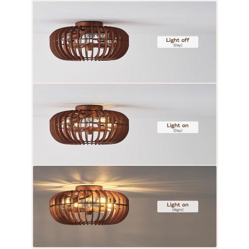 20 Wood Ceiling Fans with Lights Flush Mount, Caged Farmhouse Rustic Ceiling Fan with Light Remote Control, Wooden Low Profile for Bedroom, Living Room, Nursery