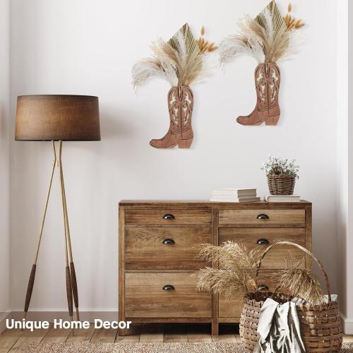 Havawish 2 Pcs Western Wall Decor Wood Cowboy Boots Wall Planter for Indoor Plants 12 x 8'' Western Boot Flower Hanging Vase for Flower Faux Rustic Home Decor for Bathroom Bedroom(Retro Style)