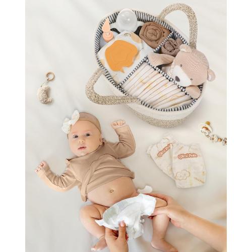 Maliton Baby Diaper Caddy Organizer, X-Large Cotton Rope, Rustic Style, Portable, 3 Compartments, A-Brown