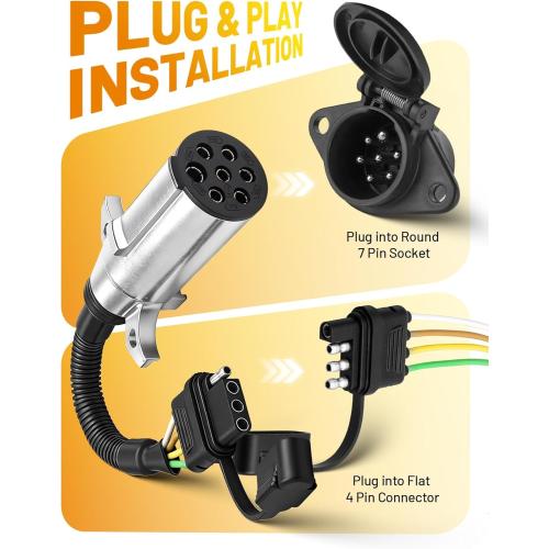 Oyviny 7 Pin Round to 4 Way Flat Trailer Wiring Adapter, Heavy Duty Vehicle Side 7 Way Round Pin SAE J560 Plug to 4 Pin Adapter for Tractor Semi Truck Dump Trucks Towing Utility Boat Trailers