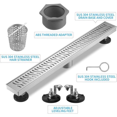 Linear Shower Drain 24 inch, Floor Drain with Removable Pattern Grate, 304 Stainless Steel Rectangular Linear Drain with Hair Strainer, CUPC Certified, Brushed Nickel, SD-103